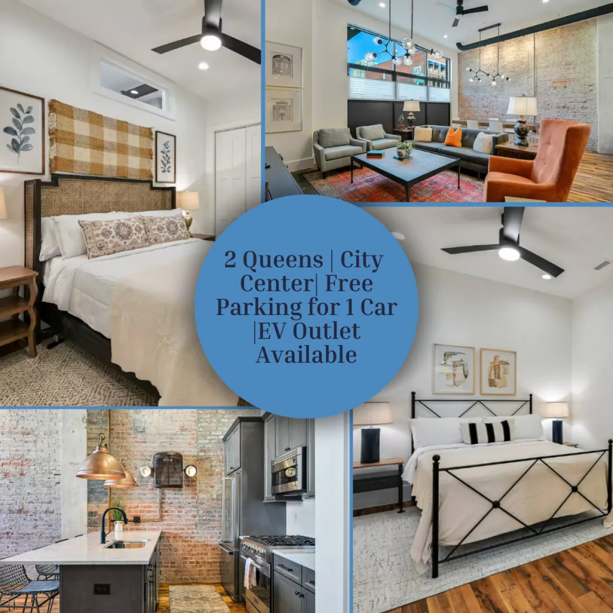 The image showcases a spacious, sunlit open-plan living area with plush, comfortable seating, a sleek modern kitchen with stainless steel appliances, stylish bedroom glimpses through an open doorway, and curated, contemporary wall art. The atmosphere is inviting and blends historic character with modern elegance, perfect for relaxing, entertaining friends, or enjoying a morning coffee bathed in natural light.